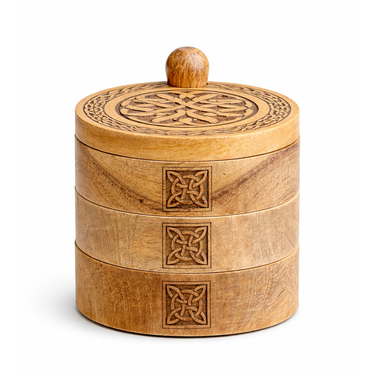 Coffret à Secrets Pivotant en Bois Sculpté — 3 Niveaux Celtiques