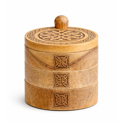 Coffret à Secrets Pivotant en Bois Sculpté — 3 Niveaux Celtiques