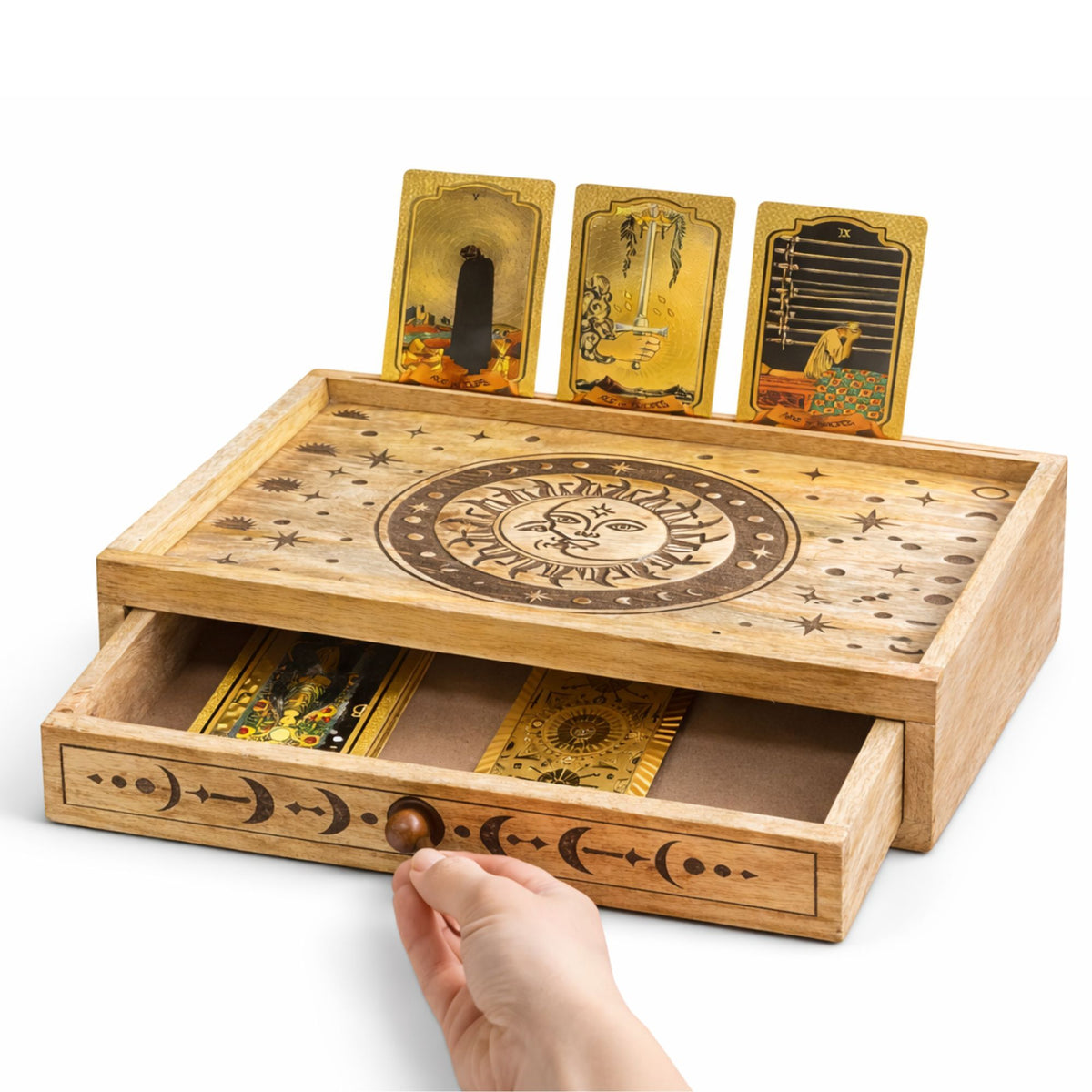 Coffret d'Autel & Présentoir à Cartes — Soleil et Lune en Bois Sculpté