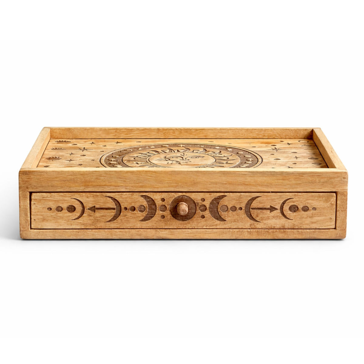 Coffret d'Autel & Présentoir à Cartes — Soleil et Lune en Bois Sculpté