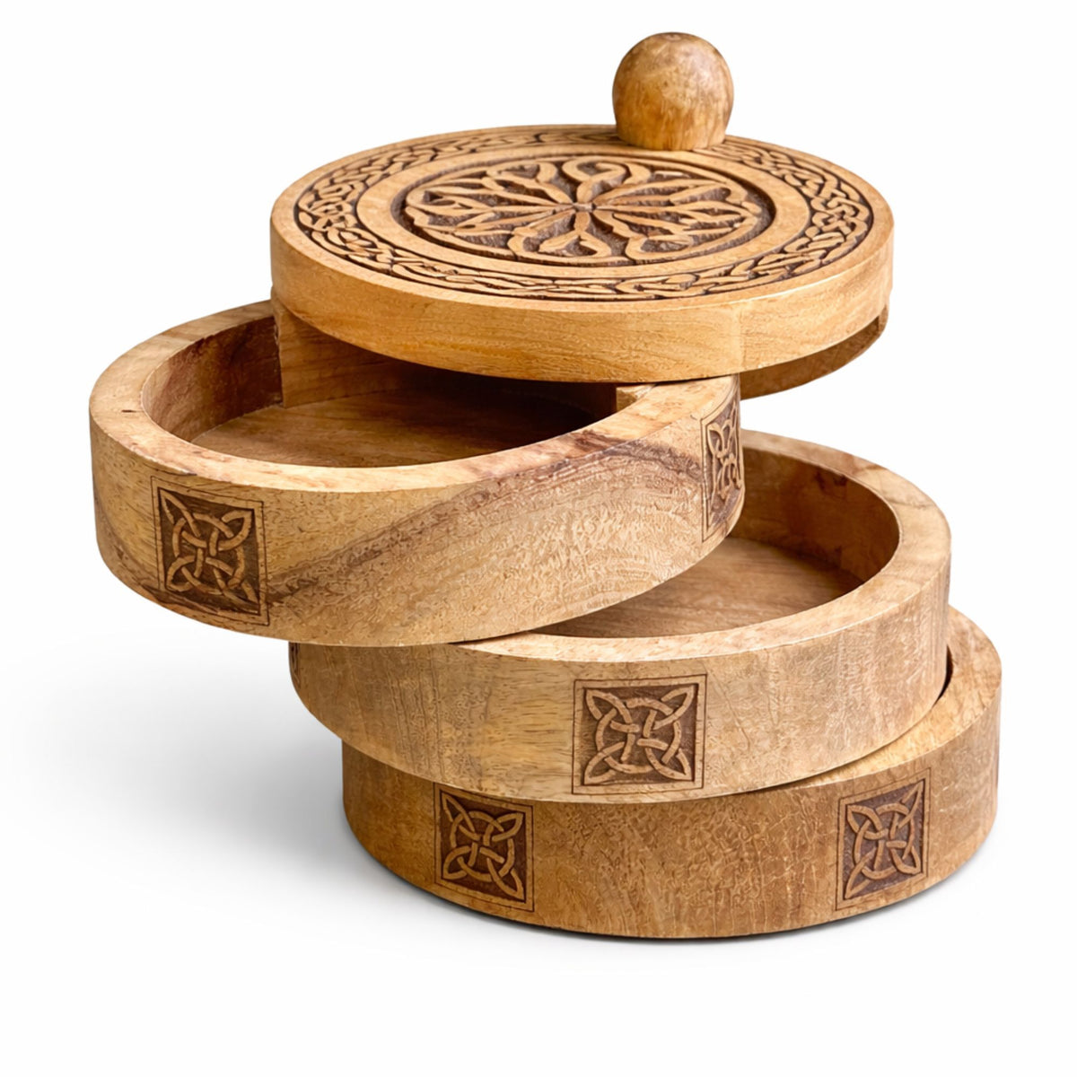 Coffret à Secrets Pivotant en Bois Sculpté — 3 Niveaux Celtiques