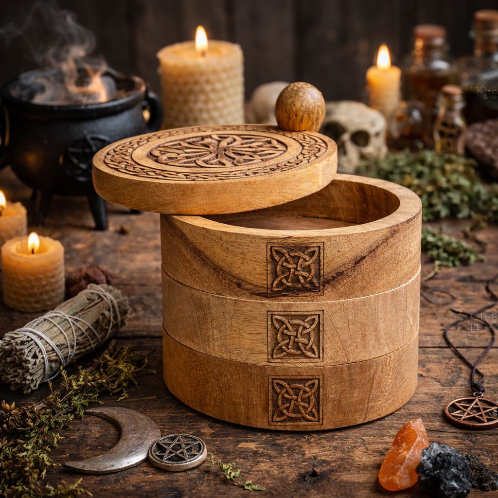 Coffret à Secrets Pivotant en Bois Sculpté — 3 Niveaux Celtiques