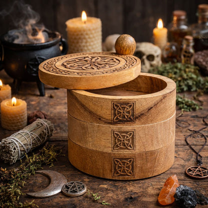 Coffret à Secrets Pivotant en Bois Sculpté — 3 Niveaux Celtiques