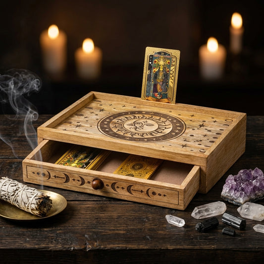Coffret d'Autel & Présentoir à Cartes — Soleil et Lune en Bois Sculpté