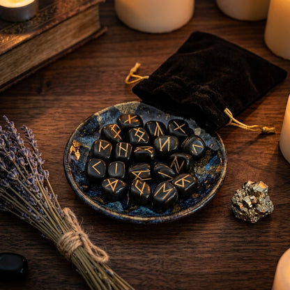 Jeu de Runes en Pierres Naturelles — Agate Noire