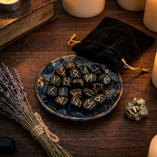 Jeu de Runes en Pierres Naturelles — Agate Noire