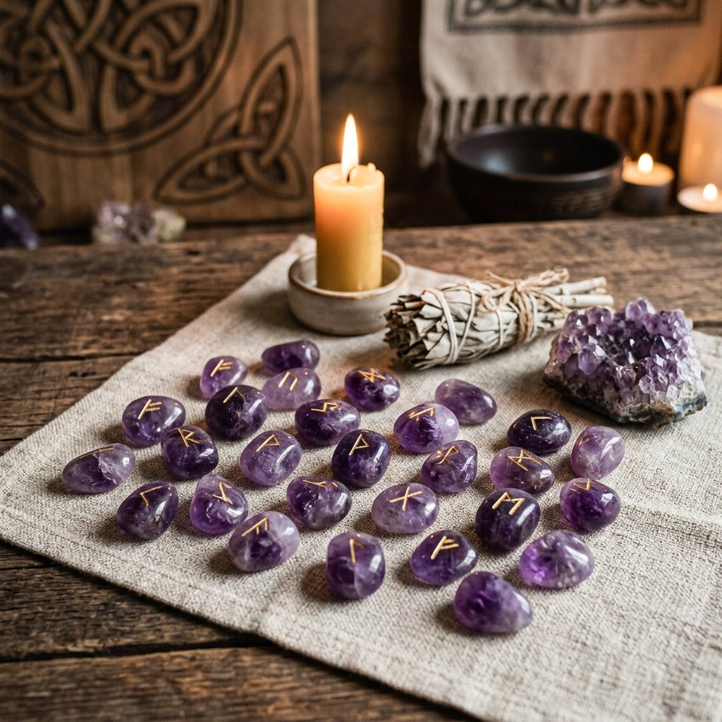 Jeu de Runes en Pierres Naturelles — Améthyste Spirituelle