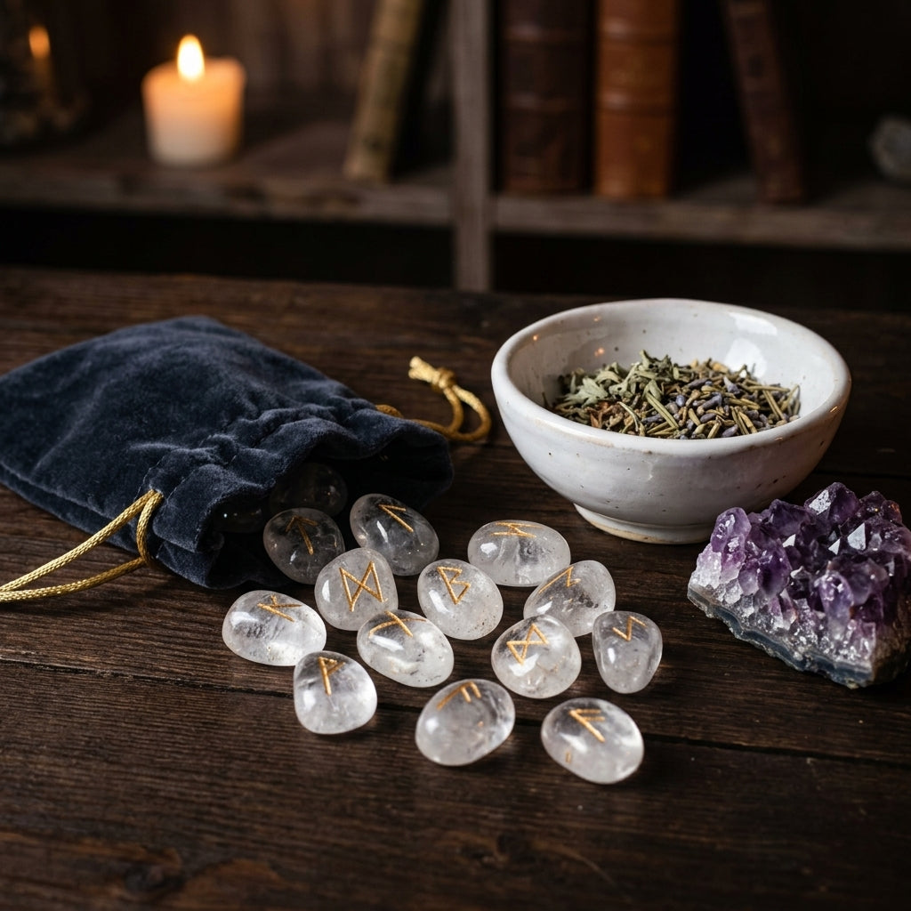 Jeu de Runes en Pierres Naturelles — Cristal de Roche Pur