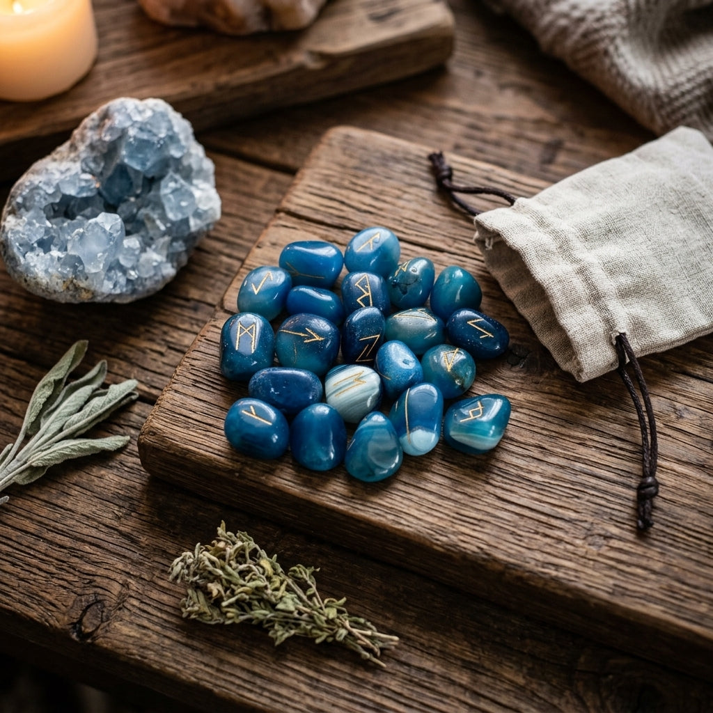 Jeu de Runes en Pierres Naturelles — Onyx Bleu