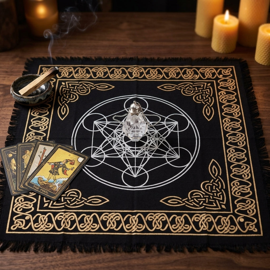 Tapis de Tirage en Coton — Géométrie Sacrée & Cube de Métatron